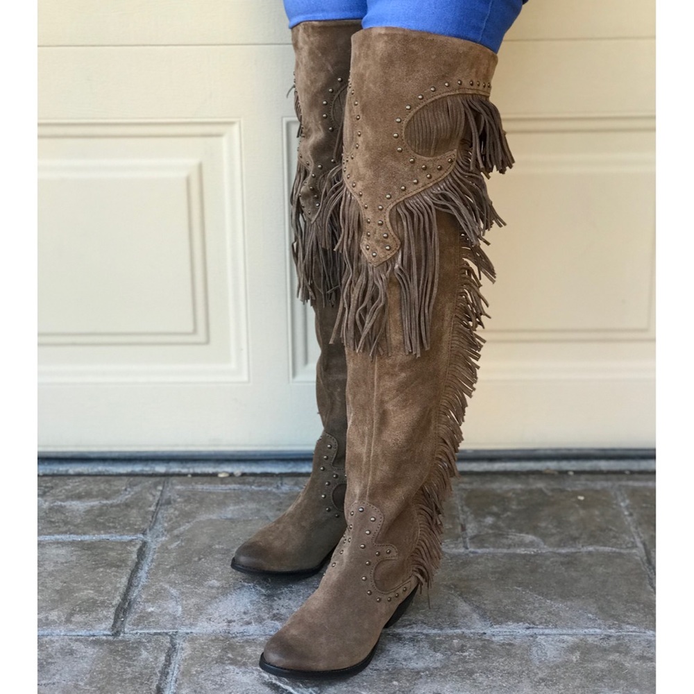 NIB Boho Chic Fringe Studs Over The Knee Boots - Picture 6 of 7